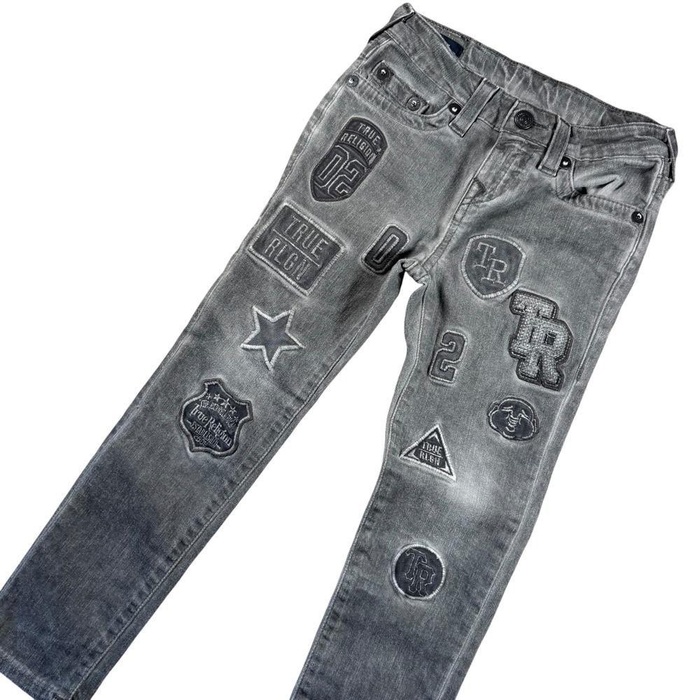 True Religion Rocco Skinny Y2K Jeans Boys 6 Grey Patch Logo Denim Moto Pants